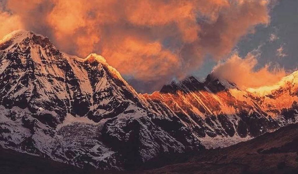 Sunset on Annapurna South Peak and Fang