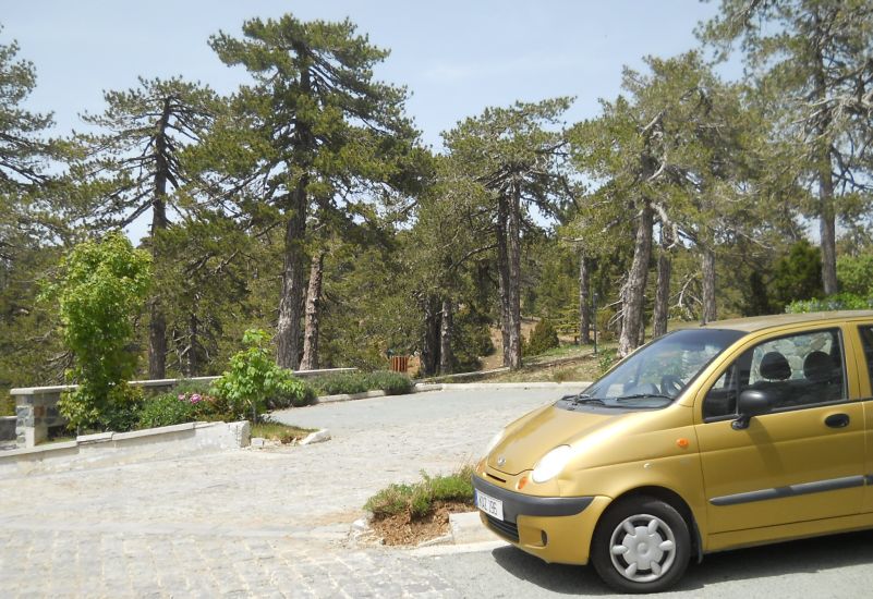 Car park at Troodos Village beneath Mount Olympus