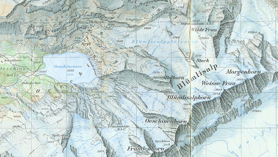 Map of Morganhorn, Weisse Frau and Blumlisalphorn in the Bernese Oberlands of the Swiss Alps