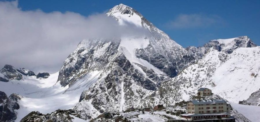 Refuge Casati beneath Gran Zebru ( Konig Spitze ) in the Italian Alps