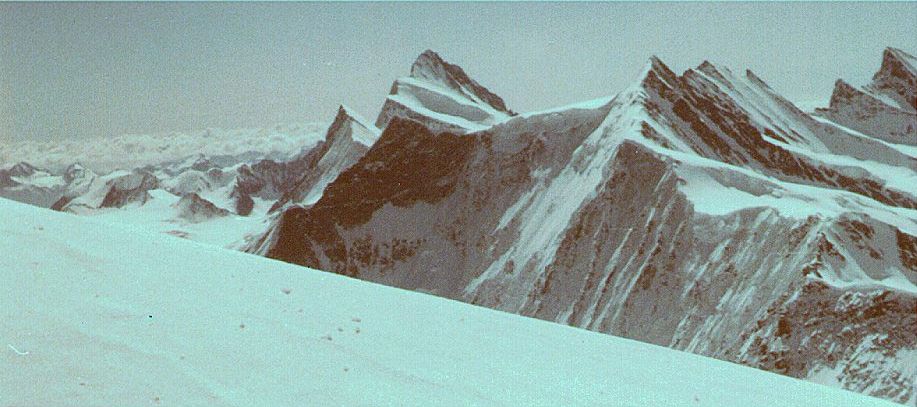 Finsteraarhorn ( 4274m ), Fiescherhorn and Grunhorn from the Eiger