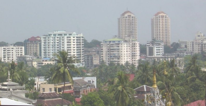 Modern High Rise Buildings in central Yangon ( Rangoon ) in Myanmar ( Burma )