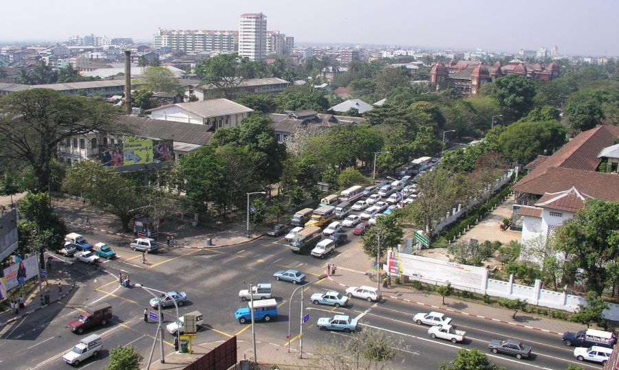 Road Traffic in central Yangon ( Rangoon ) in Myanmar ( Burma )