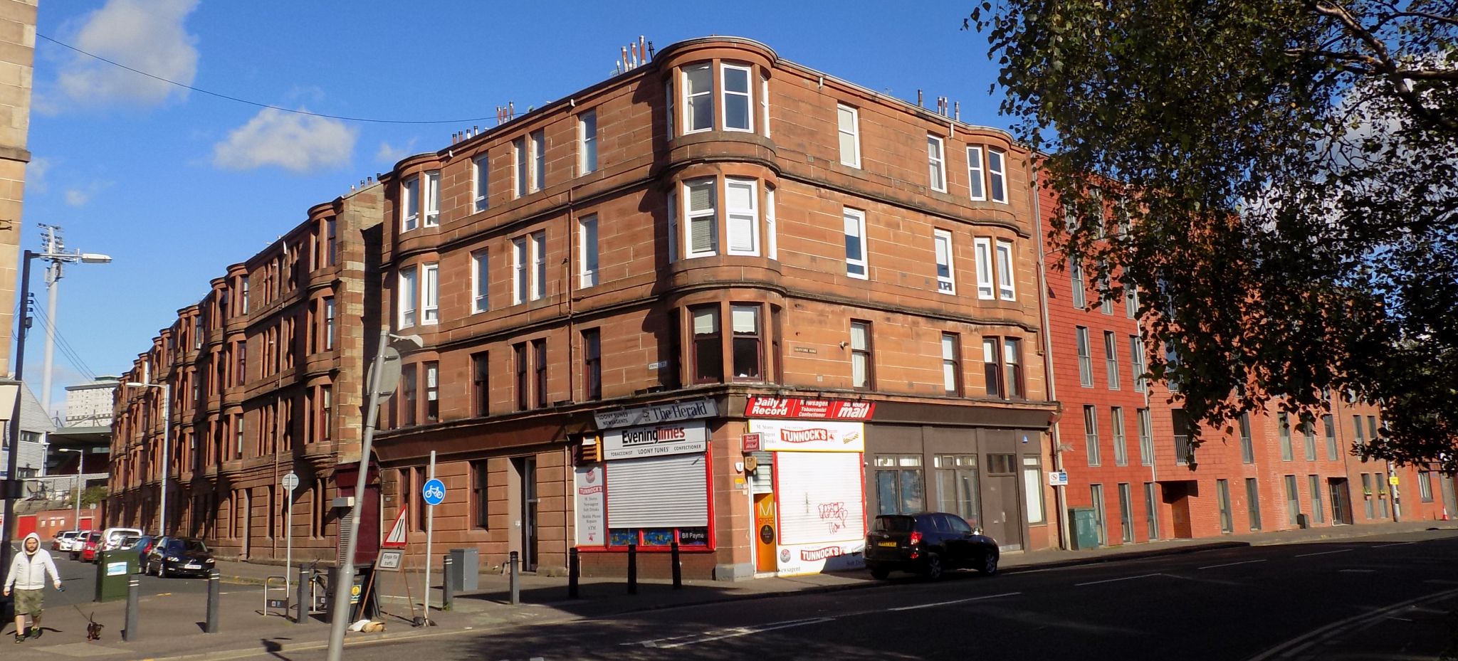 Red sandstone tenement buildings at Queen's Cross in Glasgow